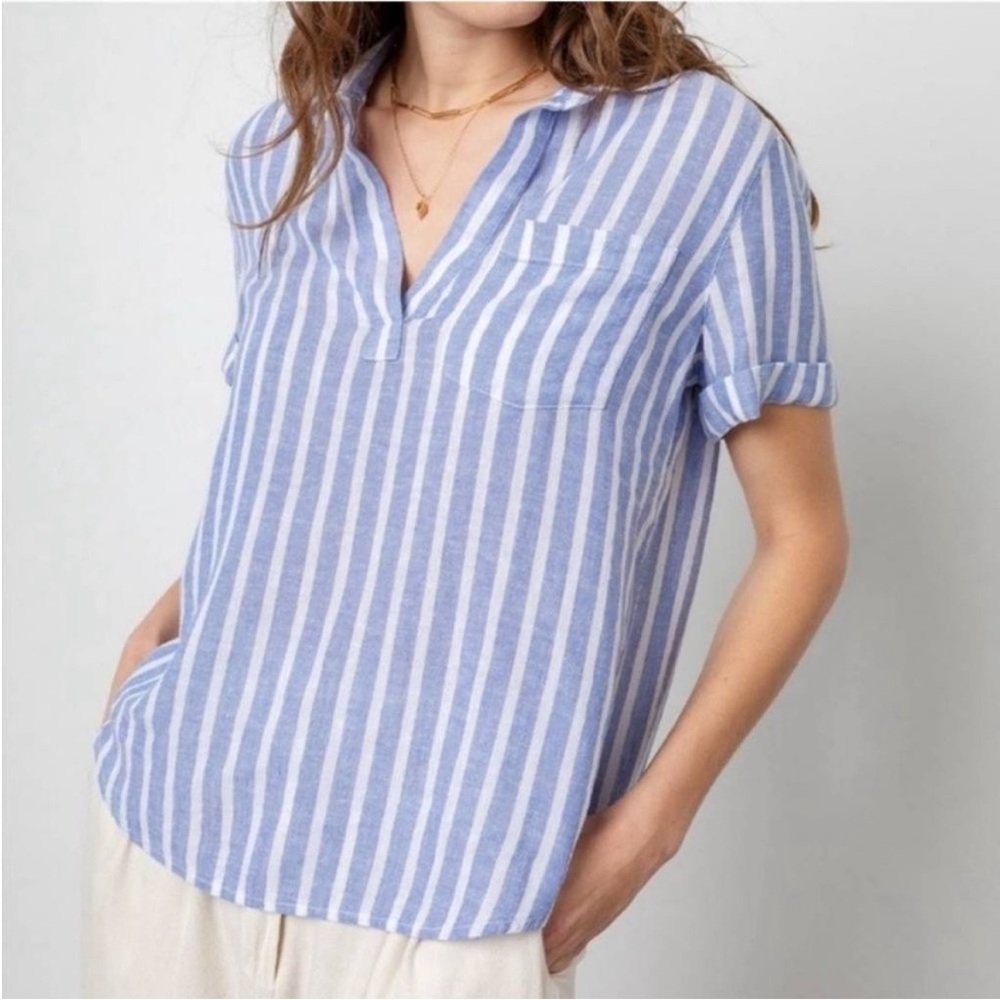 Rails Savannah Juneau Striped Top Medium Blue White Linen Blend